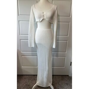 Crochet Knit Cover Up Set, Long Sleeve Crop Top & Maxi Skirt, Size S